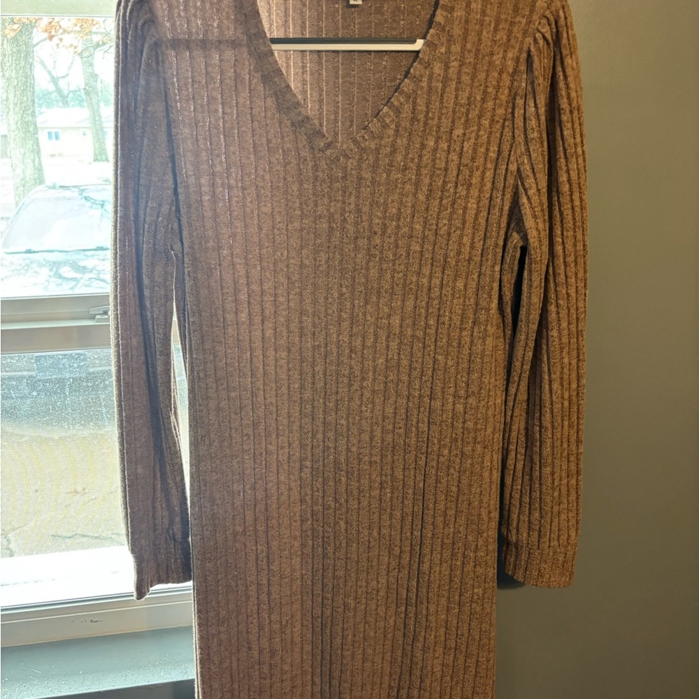 Source Unknown Ribbed V-Neck Long Sleeve Dress - Brown